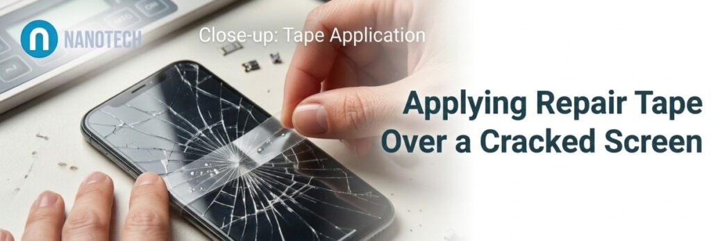 Applying clear tape over a cracked phone screen to prevent glass spread