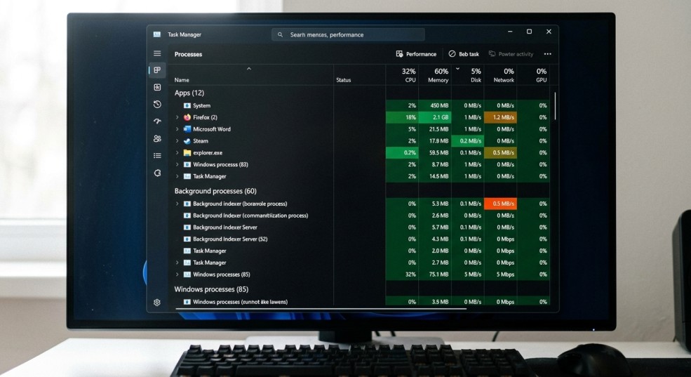 Windows Task Manager showing CPU, memory, and disk usage percentages