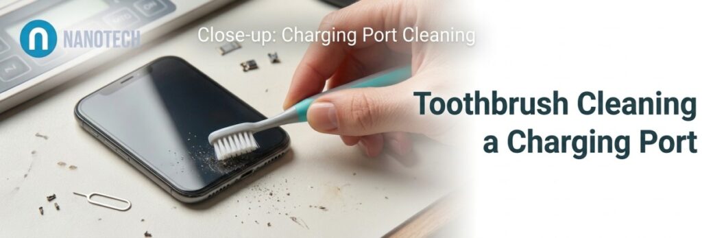 Using a soft brush to clear lint from a phone charging port